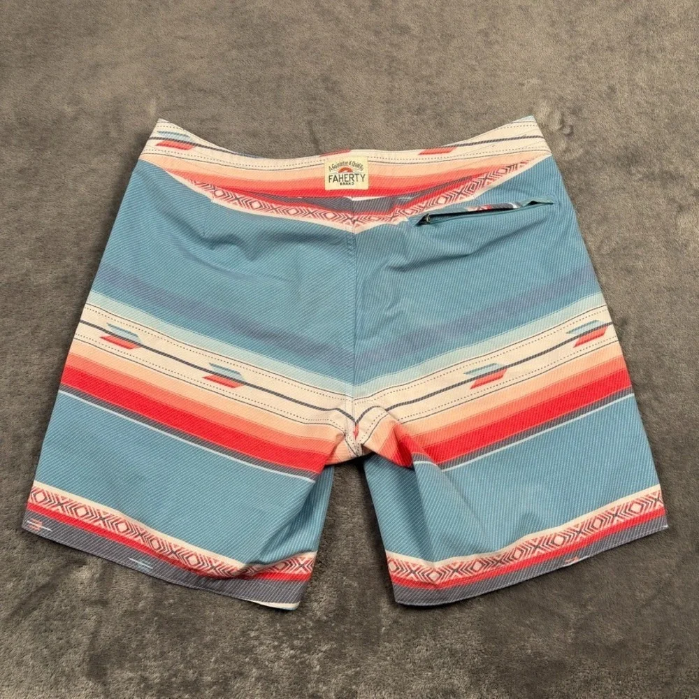 Faherty Board Shorts Mens 32 Blue Aztec Striped Swim Trunks Beach Surf Quick Dry
